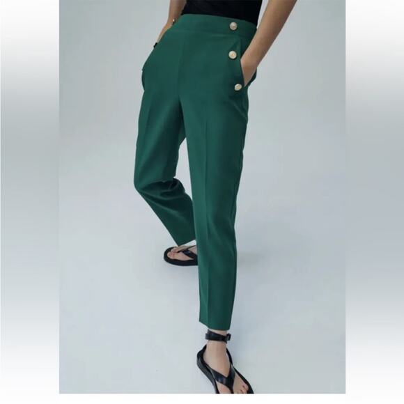 Zara Green High Rise Tapered Trouser Pants w Gold Button Accent Detail Size XS - Picture 14 of 14